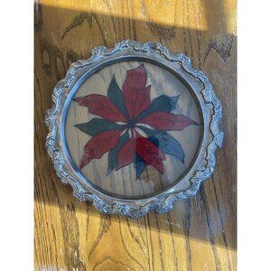Vintage Wm Rogers Silver Round Stained Glass Poinsettia Art In Ornate Metal Fram